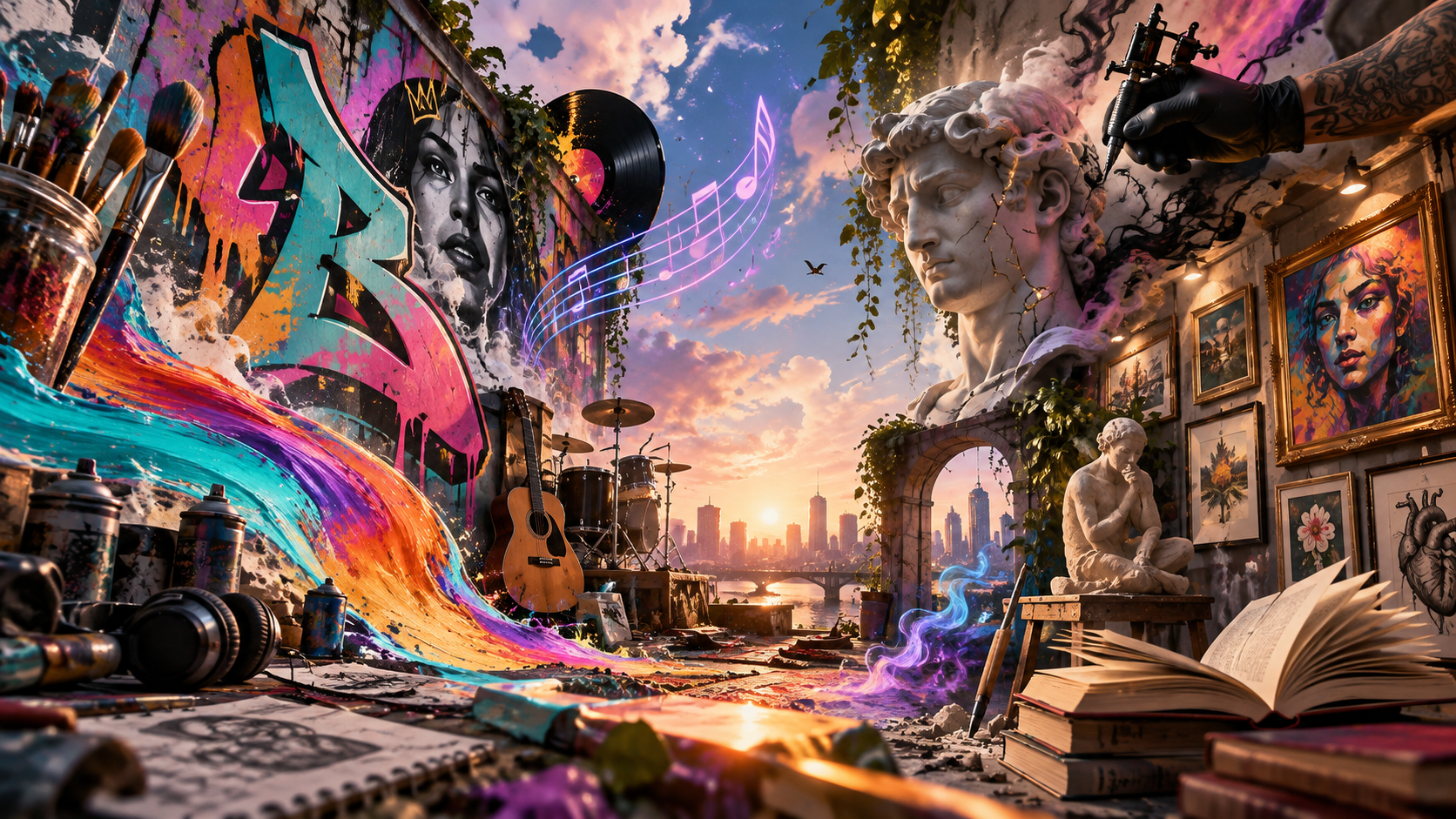 DROP YOR ART visual with creative tools, books, and artwork.